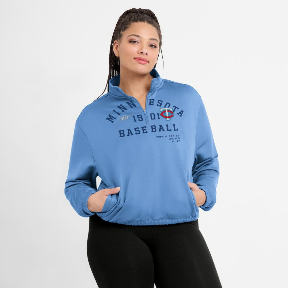 Minnesota Twins Women's Rewind Splice Half-Zip Semi-Cropped Bubble Hem Sweatshirt Light Blue | Nike