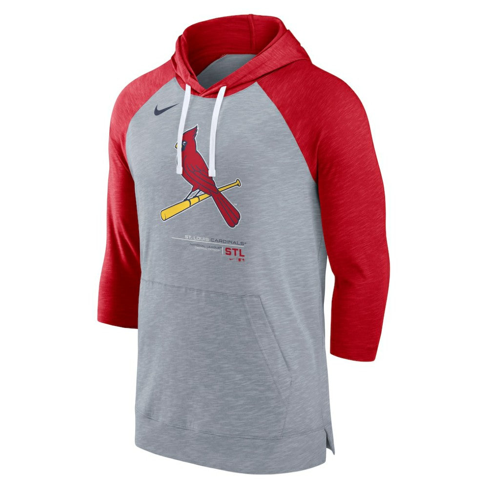St. Louis Cardinals Baseball Raglan 3/4-Sleeve Pullover Hoodie Heather Gray/Heather Red | Nike