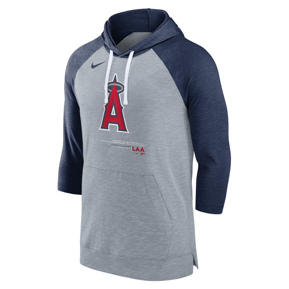 Los Angeles Angels Baseball Raglan 3/4-Sleeve Pullover Hoodie Heather Gray/Heather Navy | Nike