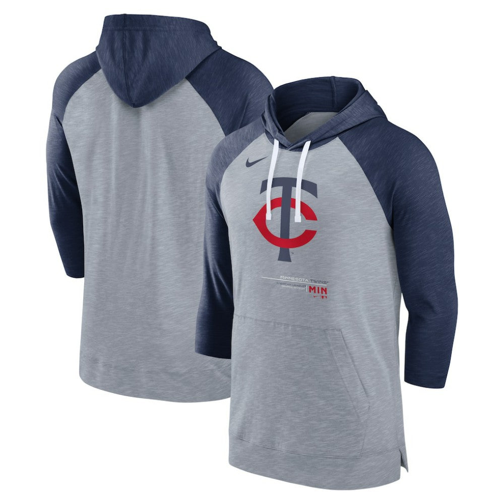 Minnesota Twins Baseball Raglan 3/4-Sleeve Pullover Hoodie Heather Gray/Heather Navy | Nike