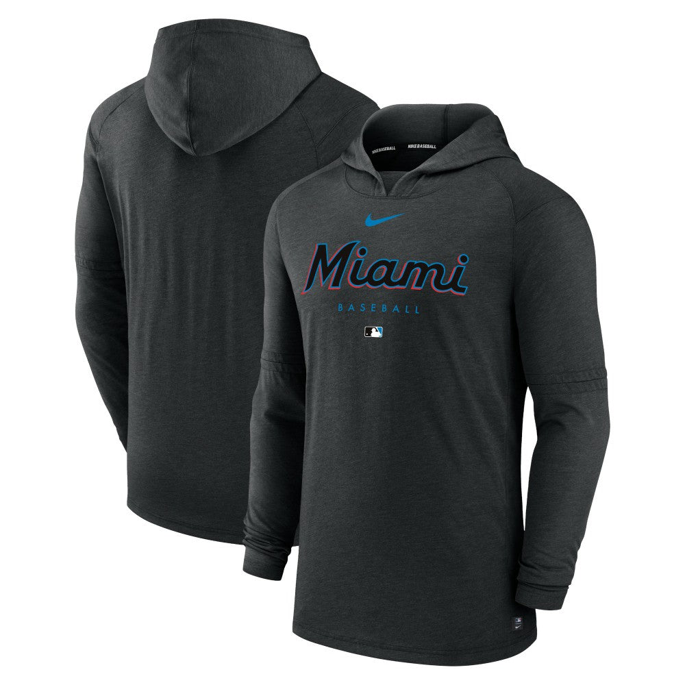 Miami Marlins Authentic Collection Lightweight Dri-FIT Hooded Pullover Heather Black | Nike