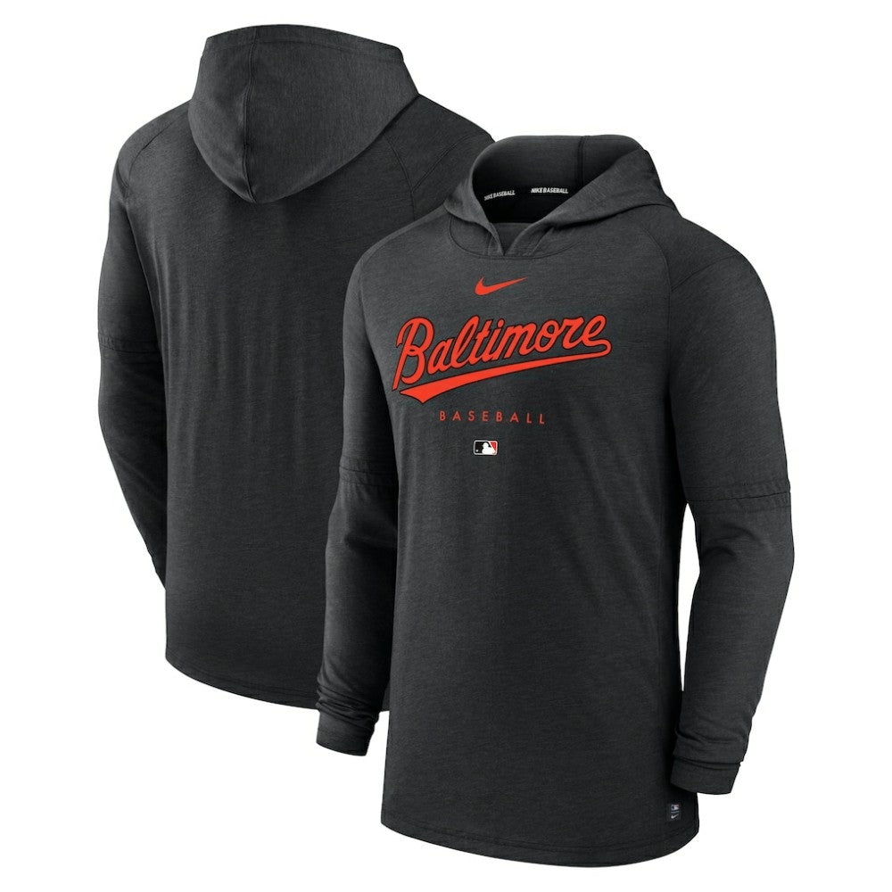 Baltimore Orioles Authentic Collection Lightweight Dri-FIT Hooded Pullover Heather Black | Nike
