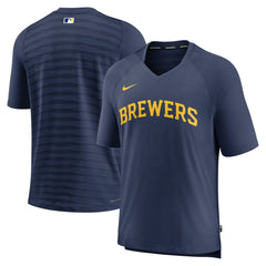 Milwaukee Brewers Authentic Collection Pregame Raglan Performance V-Neck T-Shirt Navy | Nike