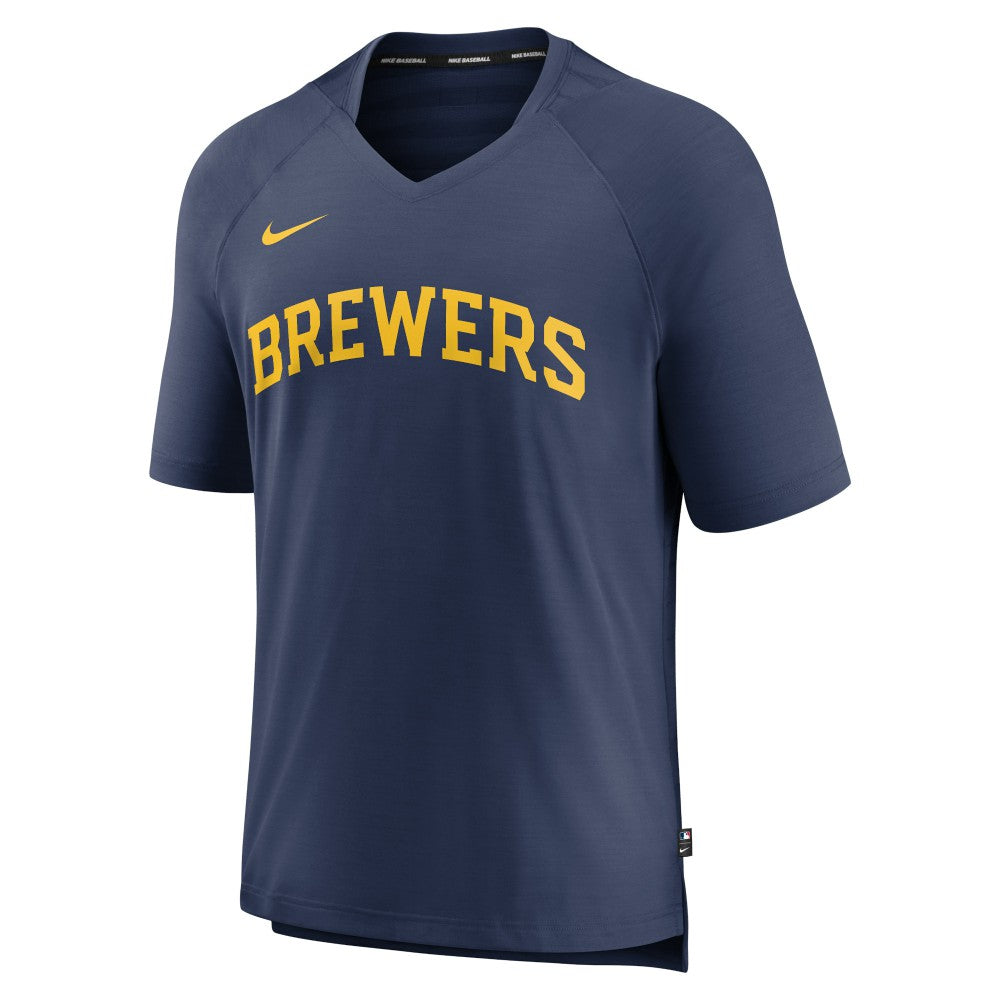 Milwaukee Brewers Authentic Collection Pregame Raglan Performance V-Neck T-Shirt Navy | Nike
