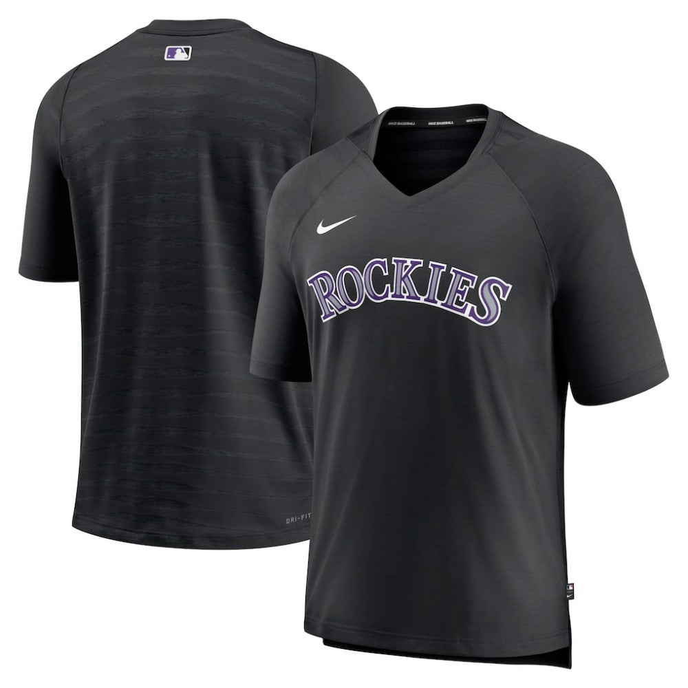 Colorado Rockies Authentic Collection Pregame Raglan Performance V-Neck T-Shirt Black | Nike