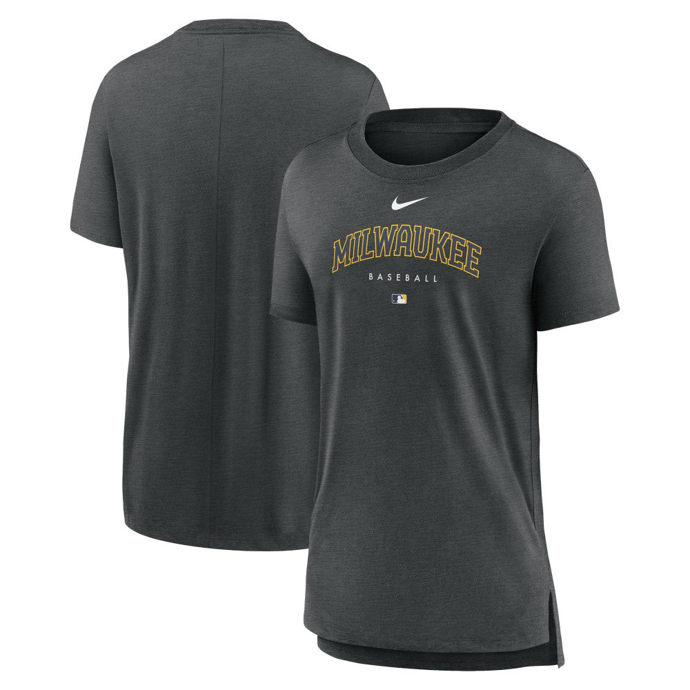 Milwaukee Brewers Women's Authentic Collection Early Work Tri-Blend T-Shirt Heather Charcoal | Nike