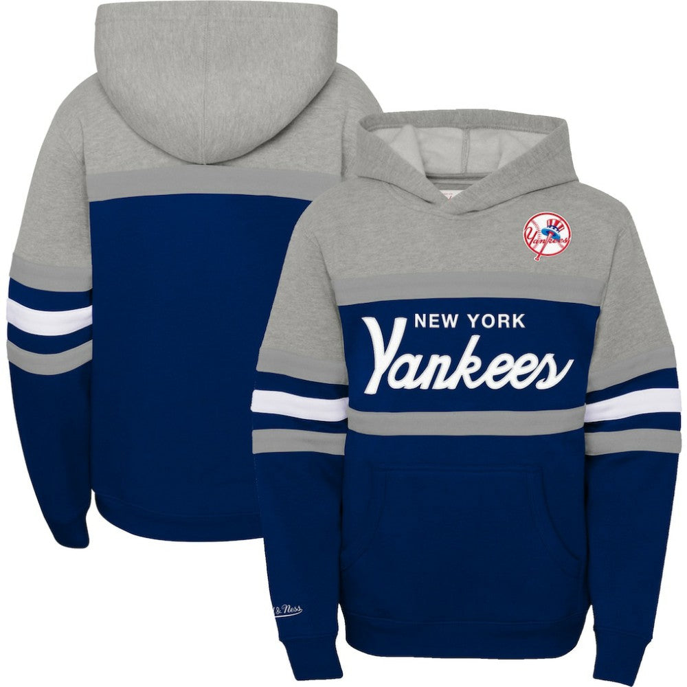 New York Yankees Youth Cooperstown Collection Head Coach Pullover Hoodie Heather Gray/Navy | Mitchell & Ness