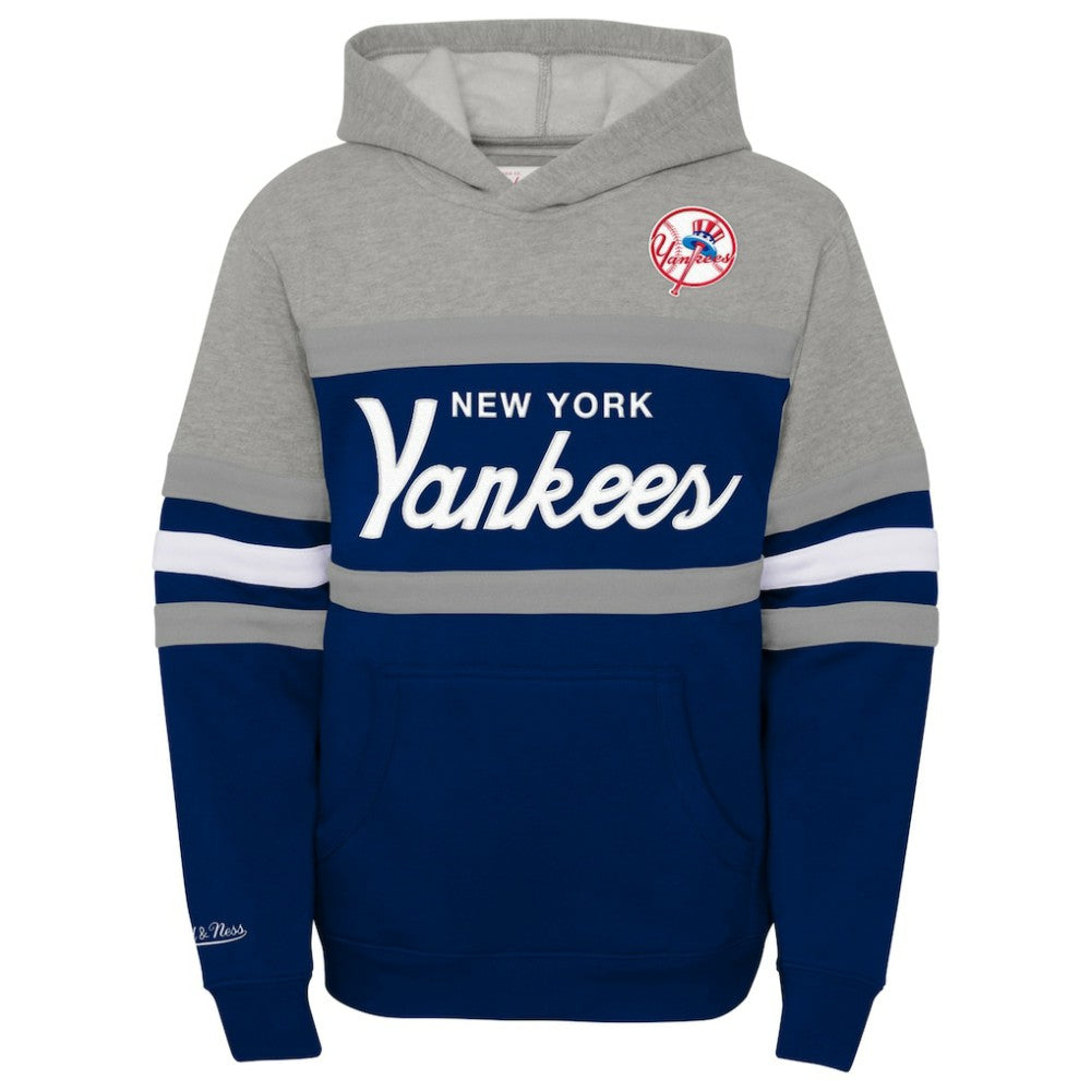 New York Yankees Youth Cooperstown Collection Head Coach Pullover Hoodie Heather Gray/Navy | Mitchell & Ness