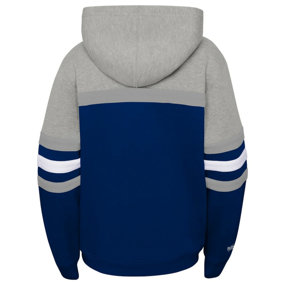 New York Yankees Youth Cooperstown Collection Head Coach Pullover Hoodie Heather Gray/Navy | Mitchell & Ness