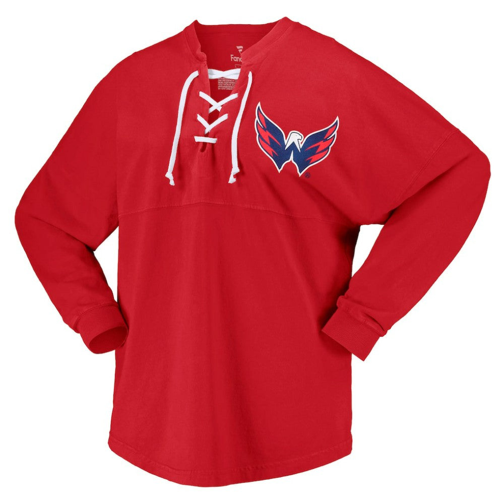 Washington Capitals Fanatics Women's Spirit Lace-Up V-Neck Long Sleeve Jersey T-Shirt Red