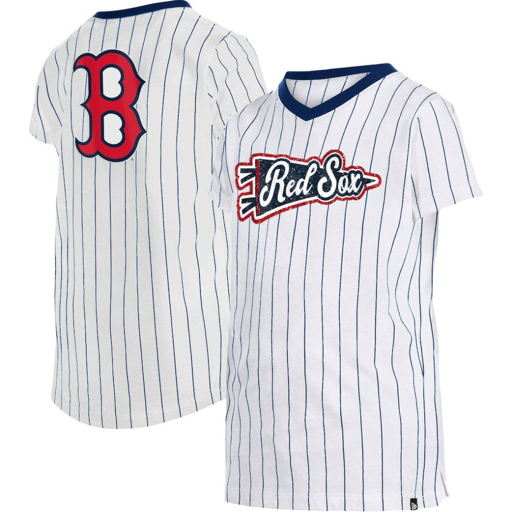 Boston Red Sox Girls Youth Pinstripe V-Neck T-Shirt White | New Era