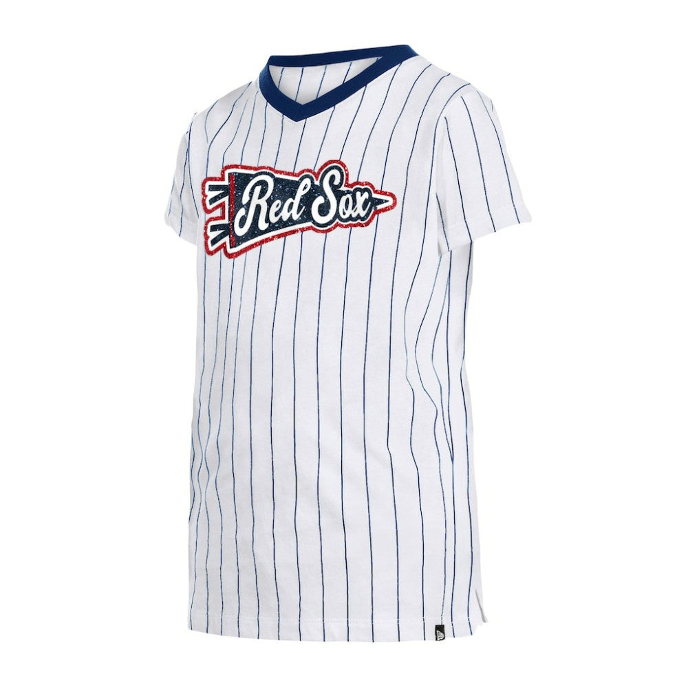 Boston Red Sox Girls Youth Pinstripe V-Neck T-Shirt White | New Era