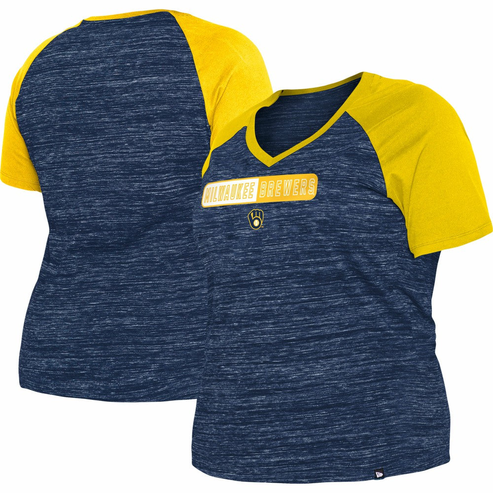 Milwaukee Brewers Women's Plus Size Space Dye Raglan V-Neck T-Shirt Navy | New Era