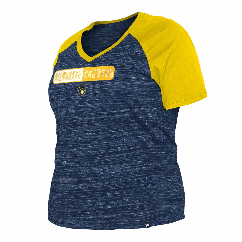Milwaukee Brewers Women's Plus Size Space Dye Raglan V-Neck T-Shirt Navy | New Era