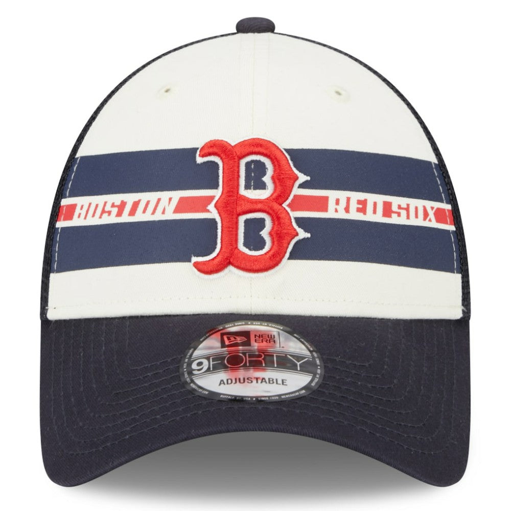 Boston Red Sox Team Stripe Trucker 9FORTY Snapback Hat White/Navy | New Era