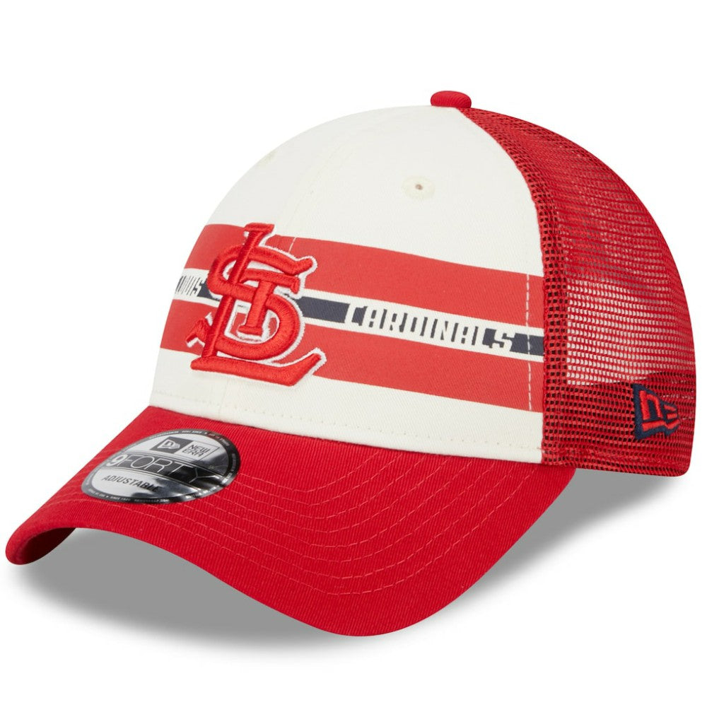 St. Louis Cardinals Team Stripe Trucker 9FORTY Snapback Hat White/Red | New Era