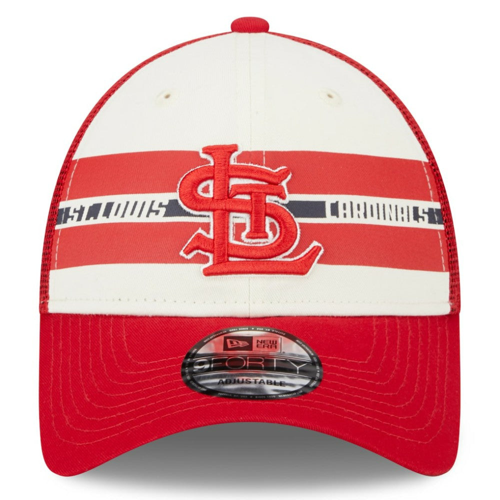 St. Louis Cardinals Team Stripe Trucker 9FORTY Snapback Hat White/Red | New Era