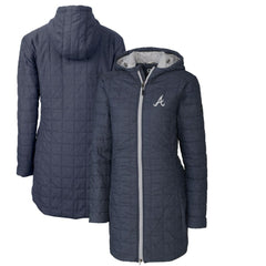 Atlanta Braves Cutter & Buck Women's Rainier Primaloft Eco Full-Zip Hoodie Long Coat Heathered Navy