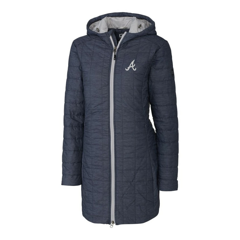 Atlanta Braves Cutter & Buck Women's Rainier Primaloft Eco Full-Zip Hoodie Long Coat Heathered Navy