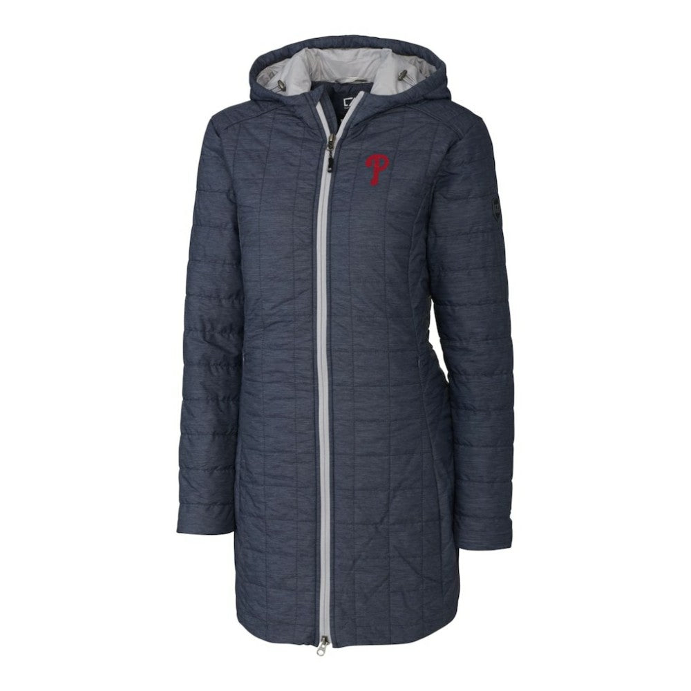 Philadelphia Phillies Cutter & Buck Women's Rainier Primaloft Eco Full-Zip Hoodie Long Coat Heathered Navy