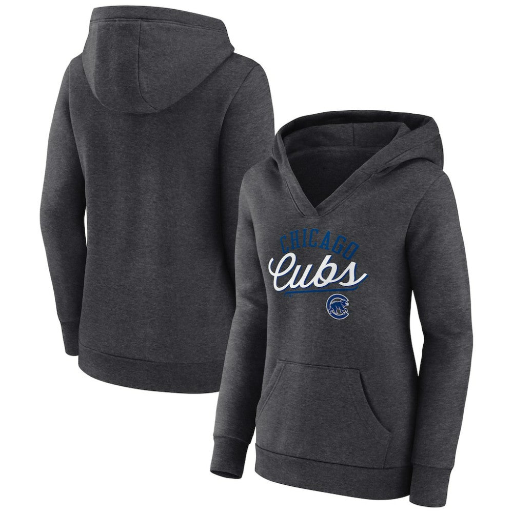 Chicago Cubs Women's Simplicity Crossover V-Neck Pullover Hoodie Heather Charcoal