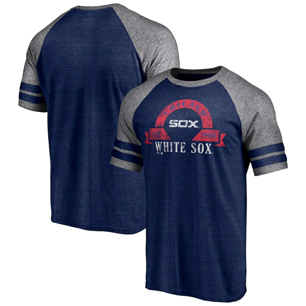 Chicago White Sox Utility Two-Stripe Raglan Tri-Blend T-Shirt Heather Navy