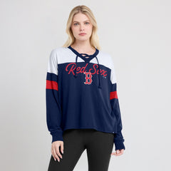 Boston Red Sox Women's Even Match Lace-Up Long Sleeve V-Neck T-Shirt Navy/White