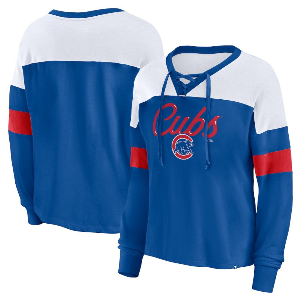 Chicago Cubs Women's Even Match Lace-Up Long Sleeve V-Neck T-Shirt Royal/White