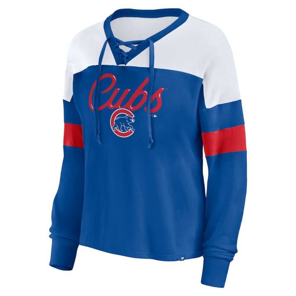 Chicago Cubs Women's Even Match Lace-Up Long Sleeve V-Neck T-Shirt Royal/White