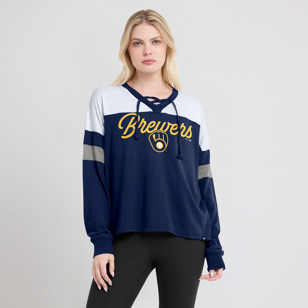 Milwaukee Brewers Women's Even Match Lace-Up Long Sleeve V-Neck T-Shirt Navy/White