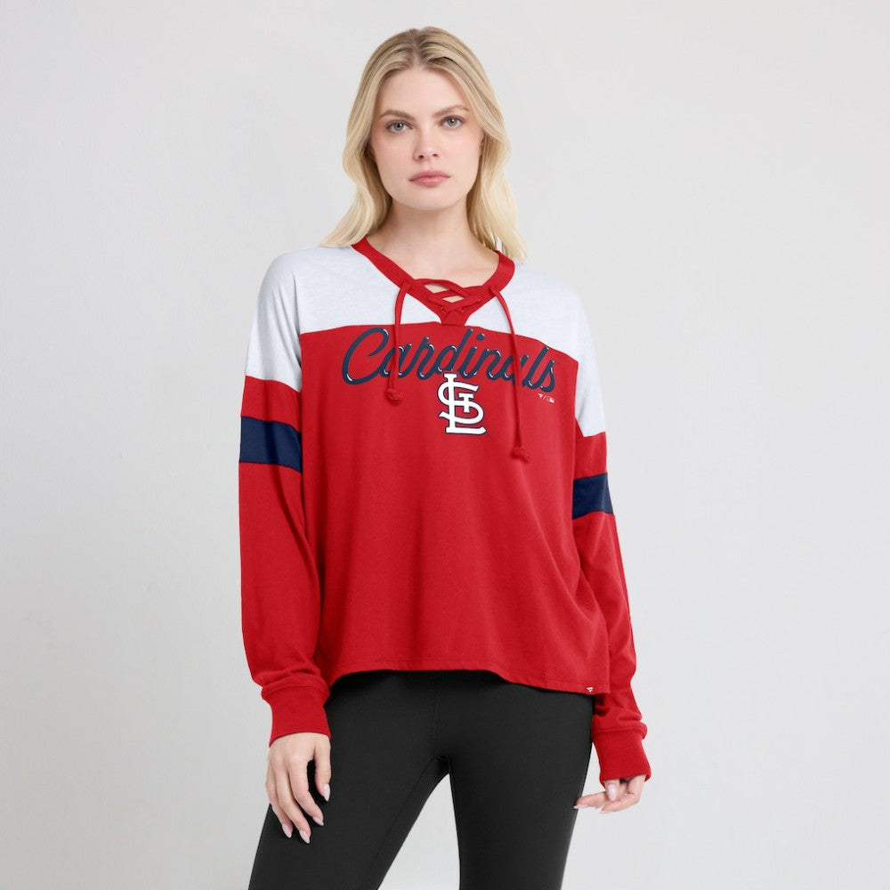 St. Louis Cardinals Women's Even Match Lace-Up Long Sleeve V-Neck T-Shirt Red/White