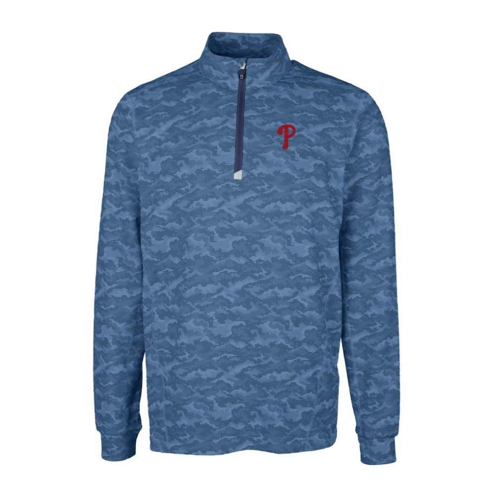 Philadelphia Phillies Cutter & Buck Big & Tall Traverse Camo Print Stretch Quarter-Zip Pullover Top Navy