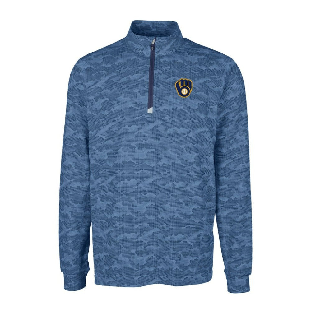 Milwaukee Brewers Cutter & Buck Big & Tall Traverse Camo Print Stretch Quarter-Zip Pullover Top Navy