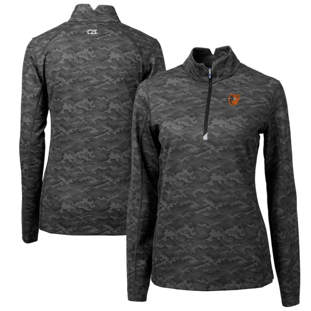 Baltimore Orioles Cutter & Buck Women's Traverse Camo Print Stretch Quarter-Zip Pullover Top Black