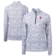 Philadelphia Phillies Cutter & Buck Women's Traverse Camo Print Stretch Quarter-Zip Pullover Top Charcoal