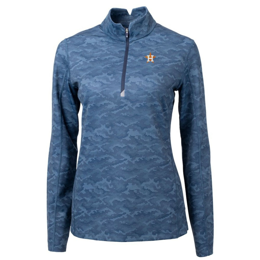 Houston Astros Cutter & Buck Women's Traverse Camo Print Stretch Quarter-Zip Pullover Top Navy