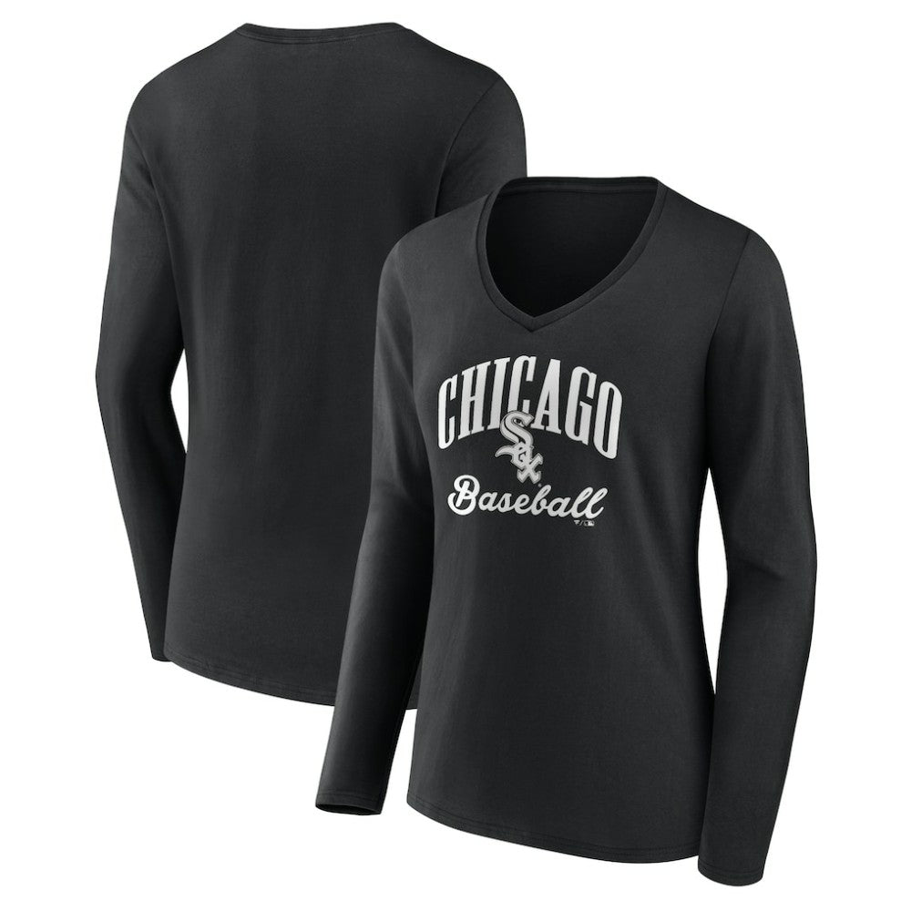 Chicago White Sox Women's Victory Script Long Sleeve V-Neck T-Shirt Black