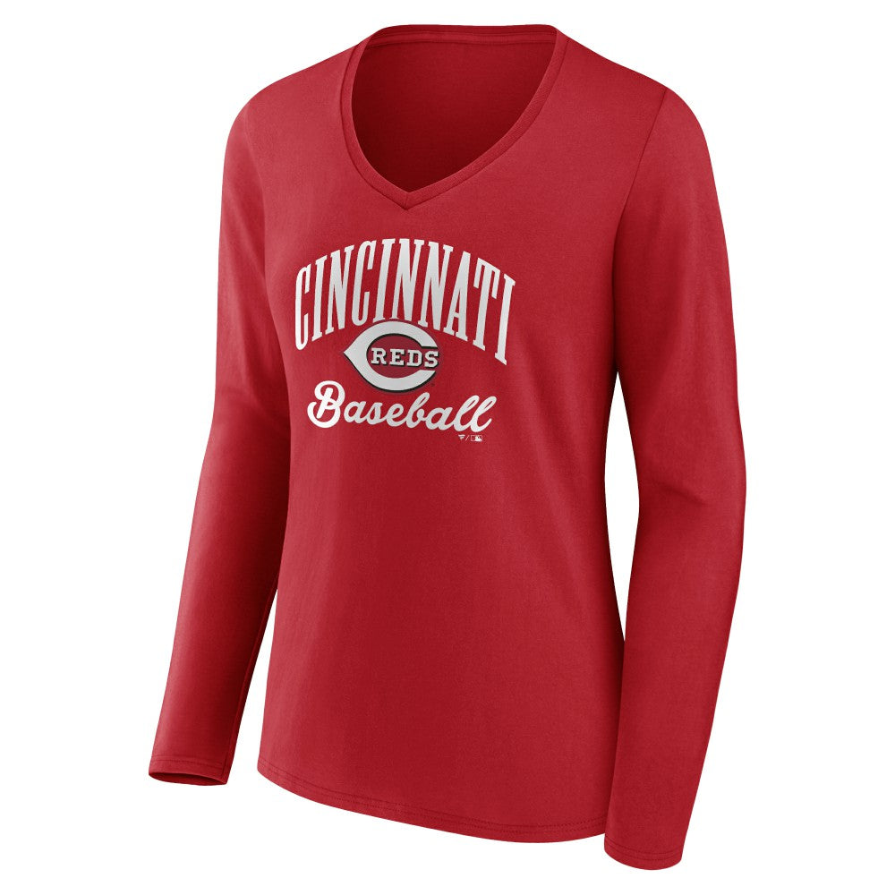 Cincinnati Reds Women's Victory Script Long Sleeve V-Neck T-Shirt Red