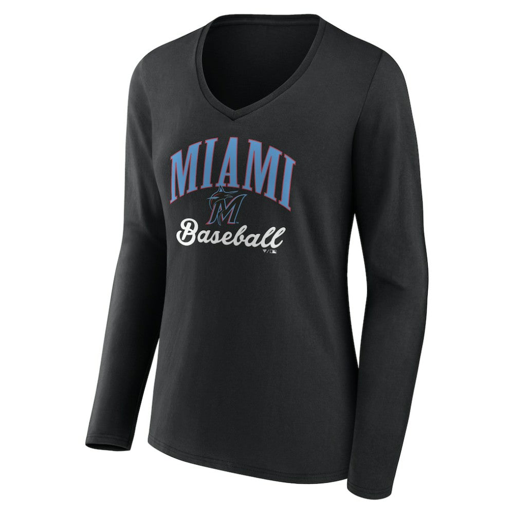 Miami Marlins Women's Victory Script Long Sleeve V-Neck T-Shirt Black