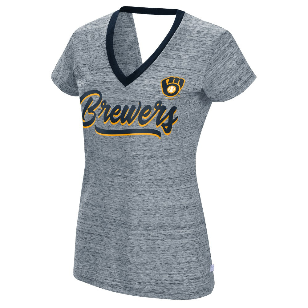Milwaukee Brewers Touch Women's Halftime Back Wrap Top V-Neck T-Shirt Navy