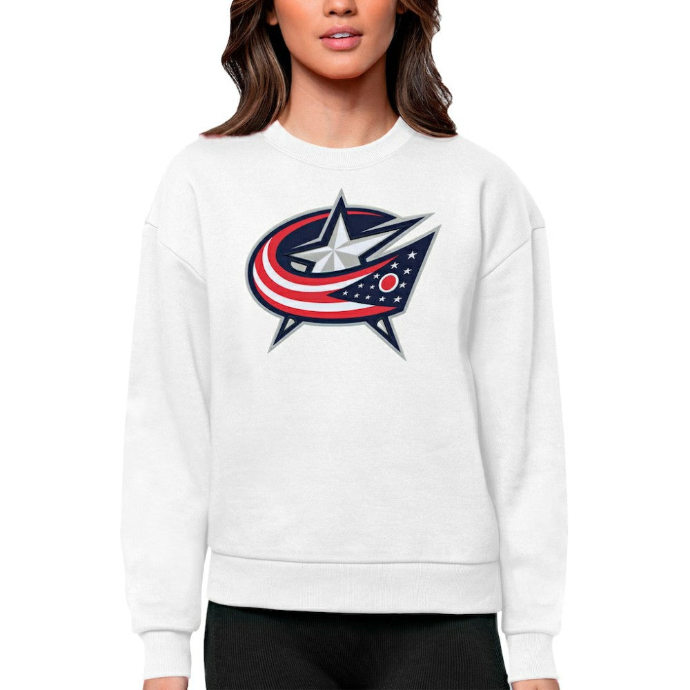 Columbus Blue Jackets Antigua Women's Team Logo Victory Crewneck Pullover Sweatshirt White