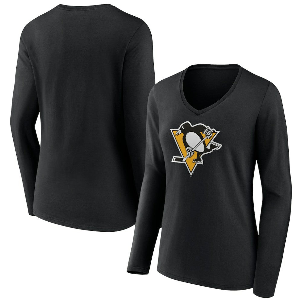 Pittsburgh Penguins Women's Team Logo Long Sleeve V-Neck T-Shirt Black