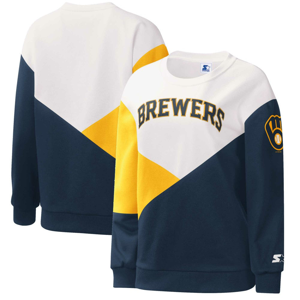 Milwaukee Brewers Starter Women's Shutout Pullover Sweatshirt White/Navy