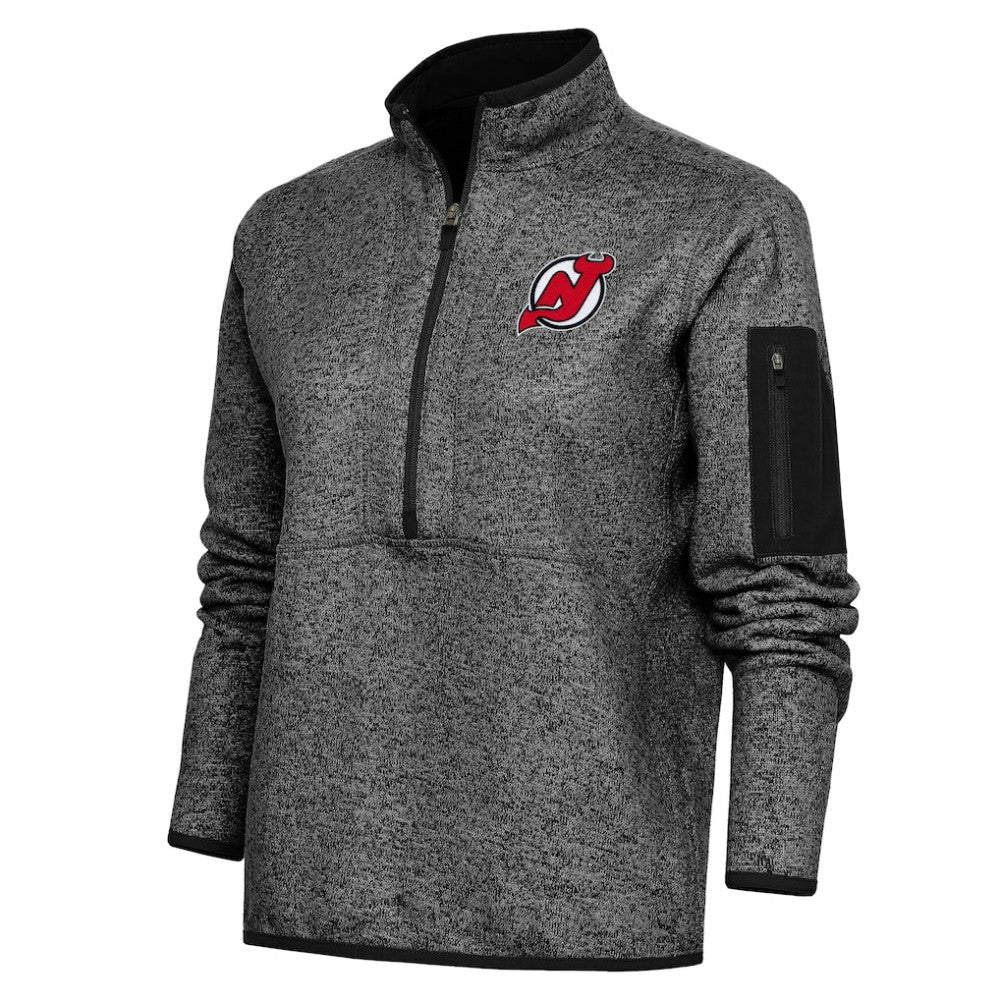 New Jersey Devils Antigua Women's Team Logo Fortune Quarter-Zip Jacket Heather Black