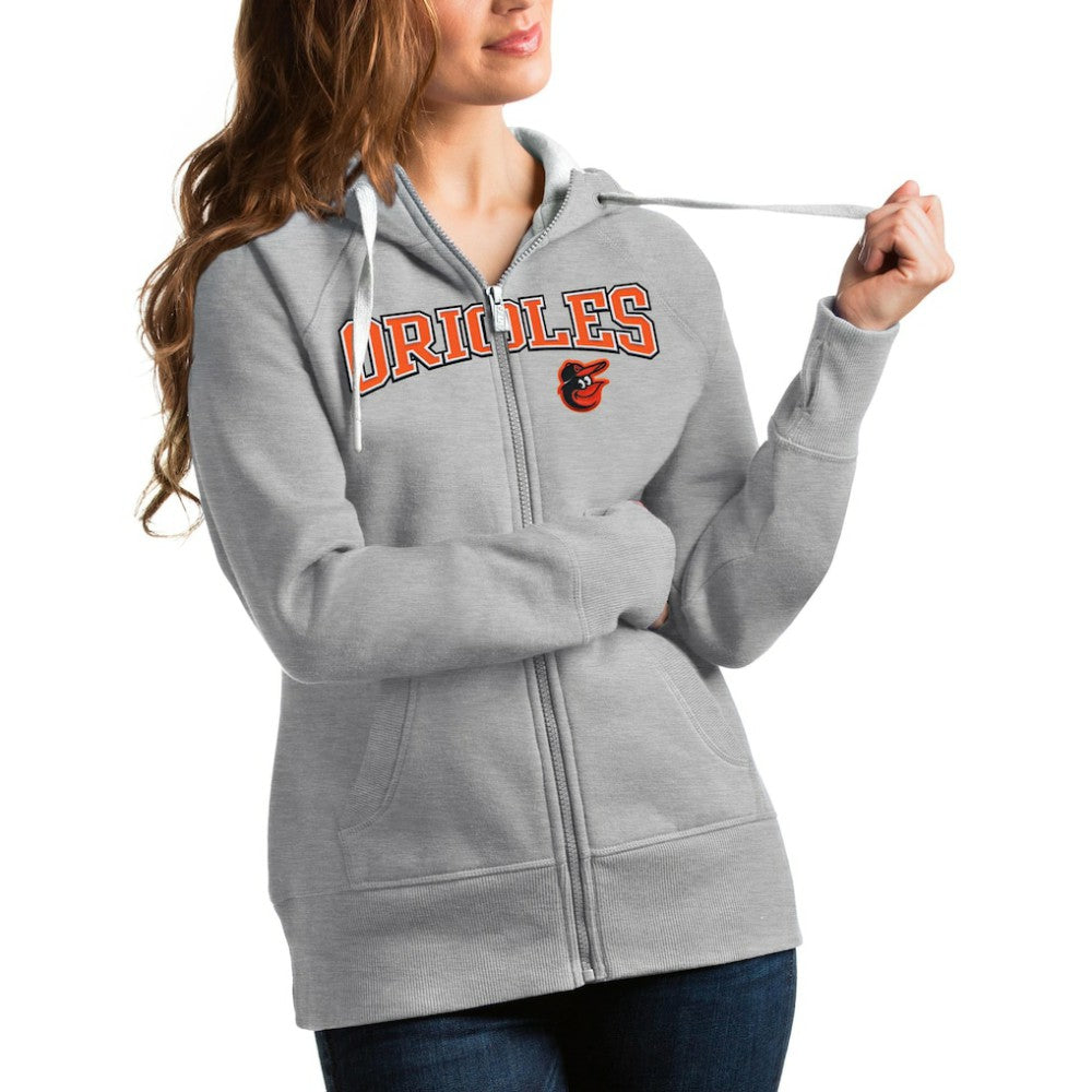 Baltimore Orioles Antigua Women's Team Logo Victory Full-Zip Hoodie Heather Gray