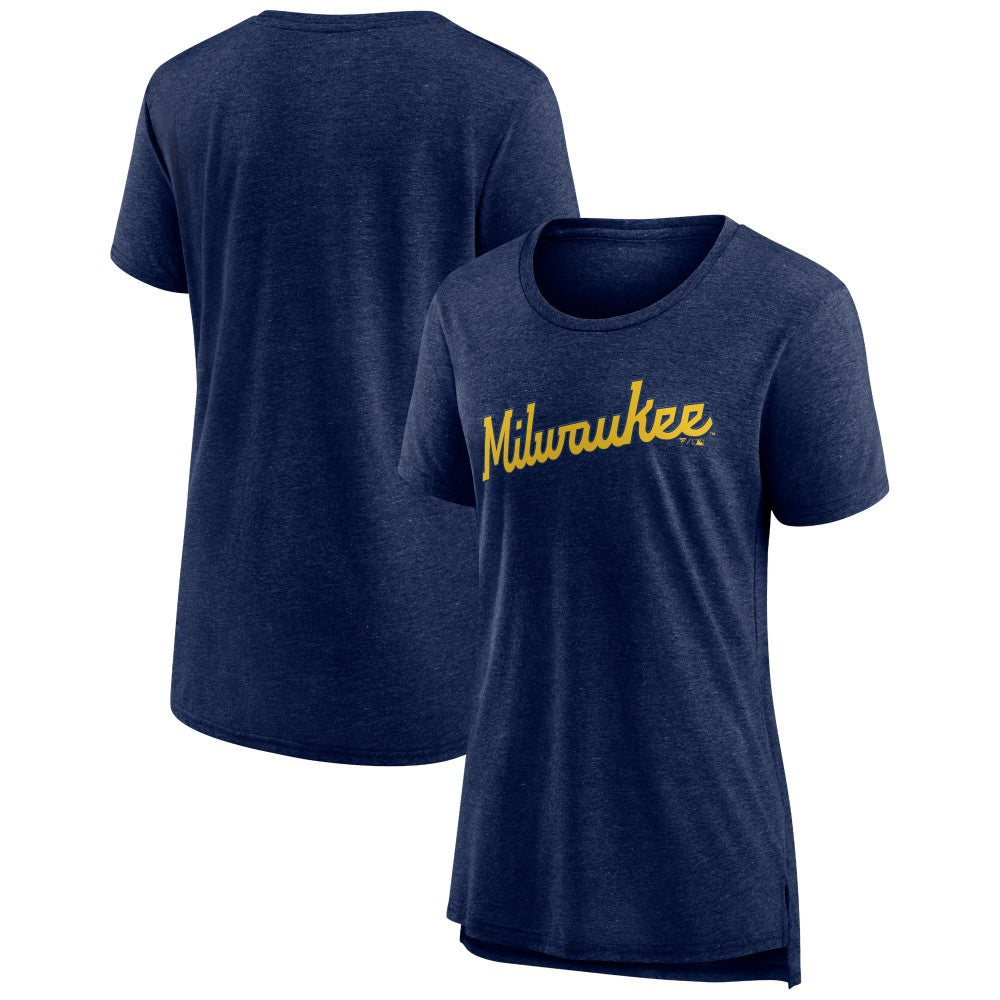 Milwaukee Brewers Women's Official Wordmark Tri-Blend T-Shirt Heather Navy