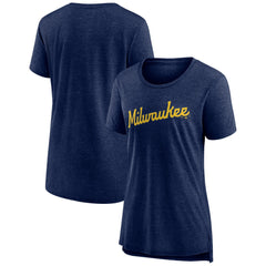 Milwaukee Brewers Women's Official Wordmark Tri-Blend T-Shirt Heather Navy
