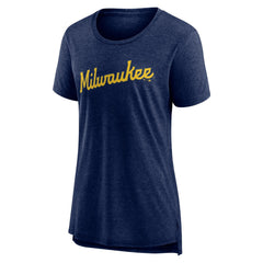 Milwaukee Brewers Women's Official Wordmark Tri-Blend T-Shirt Heather Navy