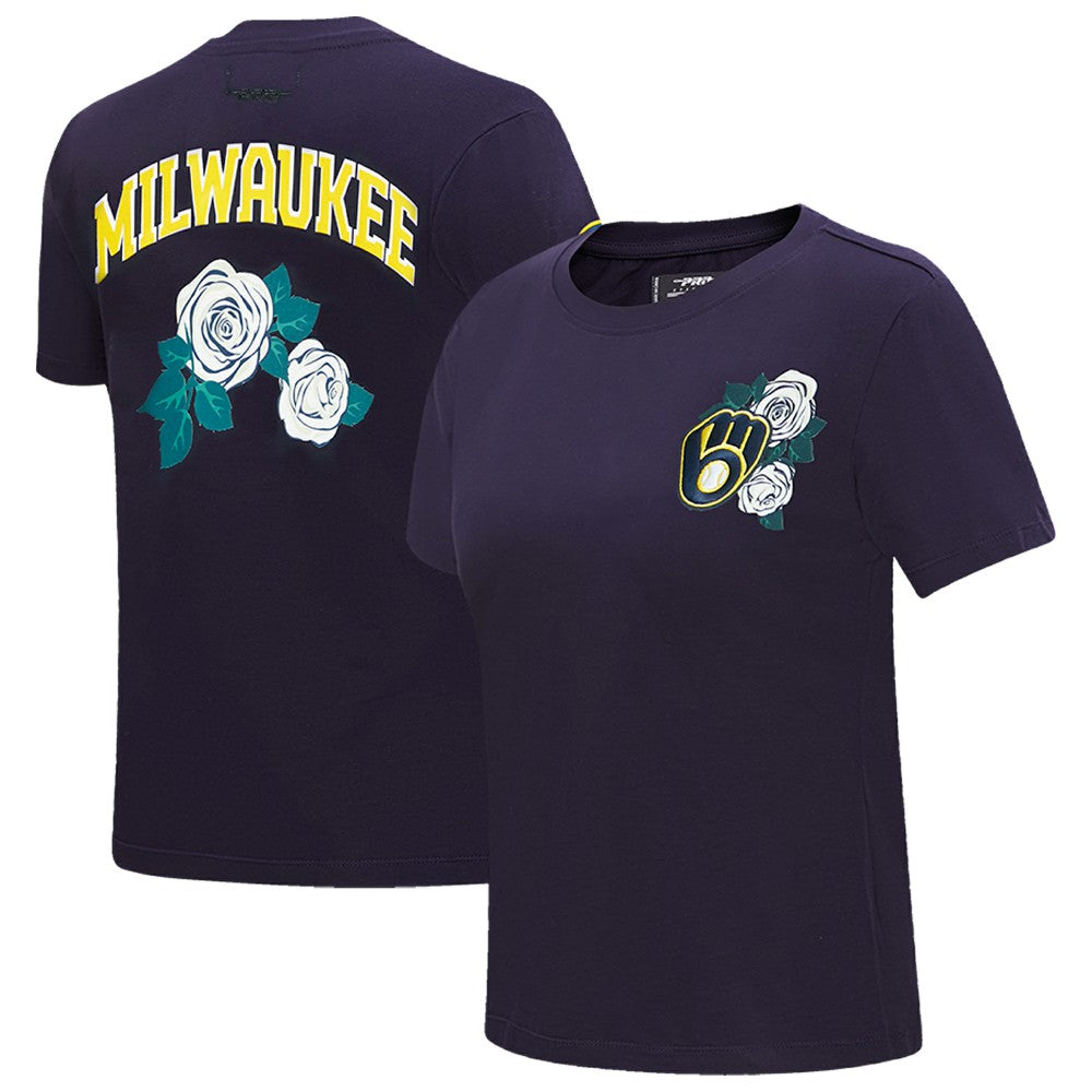 Milwaukee Brewers Pro Standard Women's Roses Fitted T-Shirt Navy