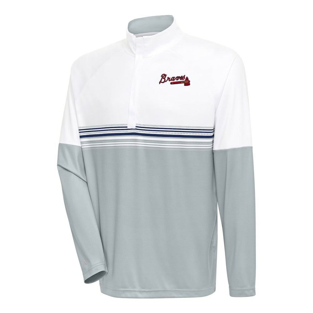Atlanta Braves Antigua Bender Quarter-Zip Pullover Top White/Navy